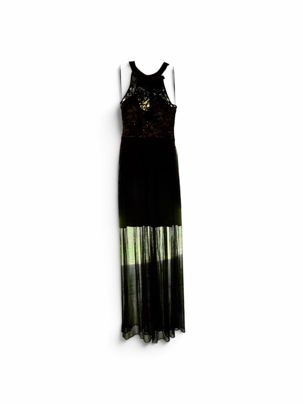 Morgan & Co. Black Lace Halter Illusion Maxi Dress Gown, Size 3/4